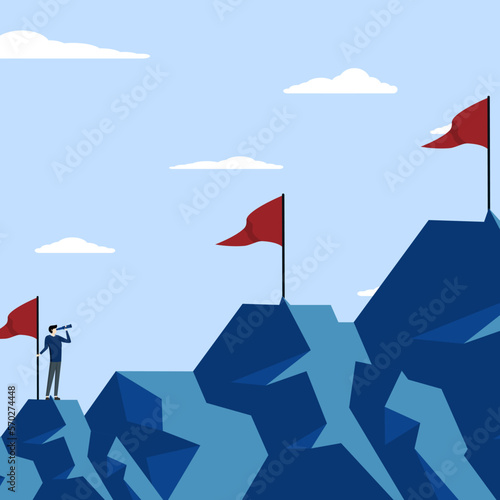 challenge to win, achievement or victory concept, career growth or business goal, Ambition to succeed and reach target, motivated businessman to reach mountain peak aims to reach higher target.