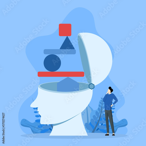Psychology concept, patience or tolerance, shaky personality, self esteem and confidence level, man standing with big head balancing weight on head.