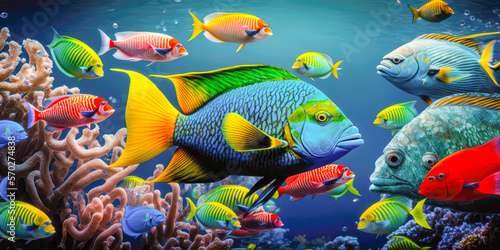 many tropical fish in a coral reef, banner, panorama, shoal, school - Generative AI © Florian
