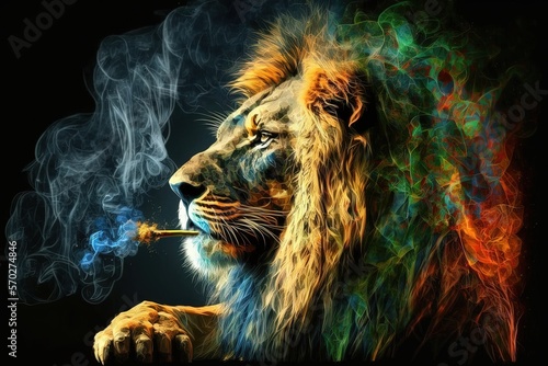 Lion Animal smoking ganja weed illustration generative ai