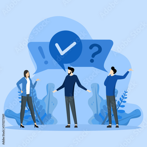 FAQ, business advice or help and support service, questions and answers, problem solving solutions, communication or team brainstorming concept, people asking questions and answers to solve problems.