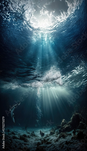 Under the Water. Under the Ocean. Beams of sunlight piercing through. Underwater shot. Generative AI.