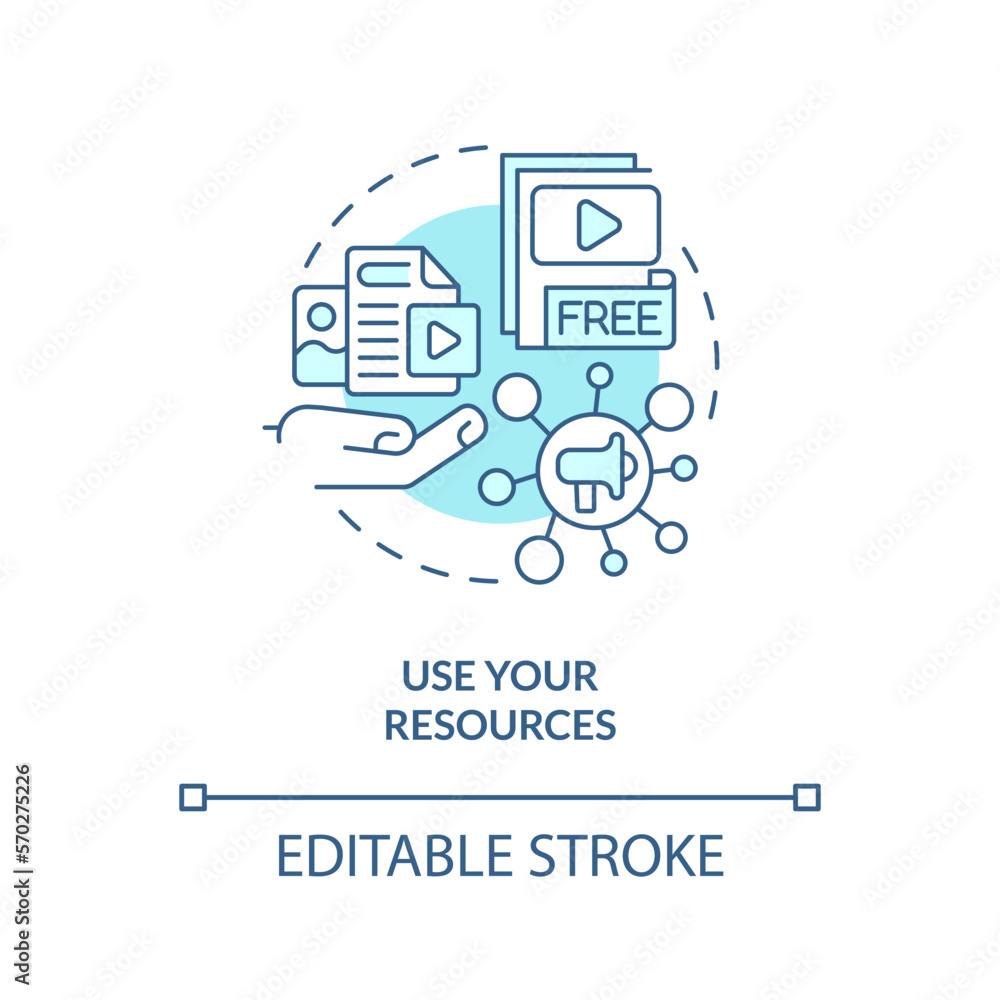Use your resources turquoise concept icon. Get started with social media advertising abstract idea thin line illustration. Isolated outline drawing. Editable stroke. Arial, Myriad Pro-Bold fonts used Use your resources turquoise concept icon. Get started with social media advertising abstract idea thin line illustration. Isolated outline drawing. Editable stroke. Arial, Myriad Pro-Bold fonts used