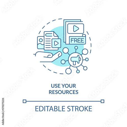 Use your resources turquoise concept icon. Get started with social media advertising abstract idea thin line illustration. Isolated outline drawing. Editable stroke. Arial, Myriad Pro-Bold fonts used