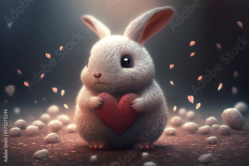 Beutiful small and cute banny holding a heart. Love. Valentine Day. Generative AI photo