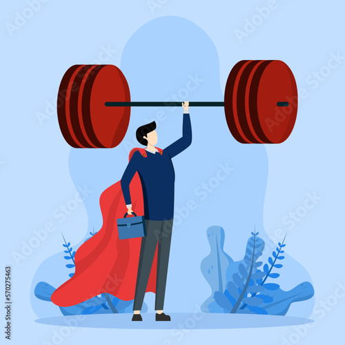 Business Power, career challenges or winning skills with strong leadership concept, strong power to finish job and success, strong businessman hero showing his strength by easily lifting heavy weight.