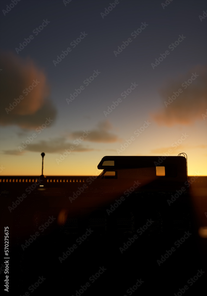 Silhouette of a motor home on a brdige under sunset sky. 3D render.