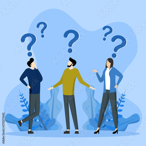 tricky question or misunderstanding concept, People confused with confusion or doubt problem, lost in problem or complex, businessman and entrepreneur with many confusing question marks.