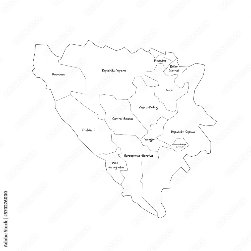 Bosnia and Herzegovina political map of administrative divisions - cantons of Federation of Bosnia and Herzegovina and Republika Srpska. Handdrawn doodle style map with black outline borders and name