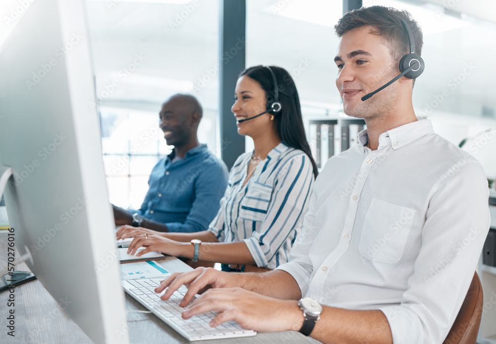 Call center, agent and telemarketing company, team and teamwork in an office or workplace working together. Contact us, customer service and consultant or people in collaboration happy with their job Call center, agent and telemarketing company, team and teamwork in an office or workplace working together. Contact us, customer service and consultant or people in collaboration happy with their job