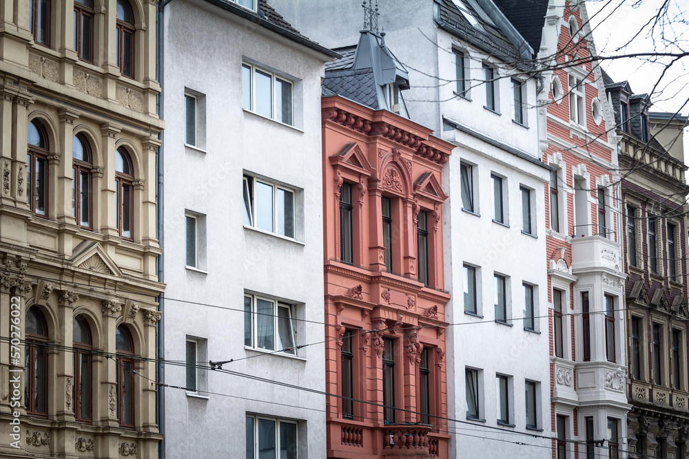 Selective blur on typical german vintage facades, in the  city center of Cologne, also called altstadt, used for residential purposes. Koln is a western germany city..