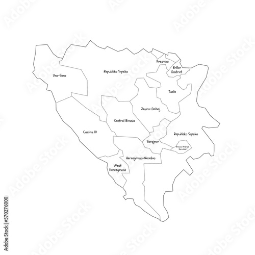 Bosnia and Herzegovina political map of administrative divisions - cantons of Federation of Bosnia and Herzegovina and Republika Srpska. Handdrawn doodle style map with black outline borders and name