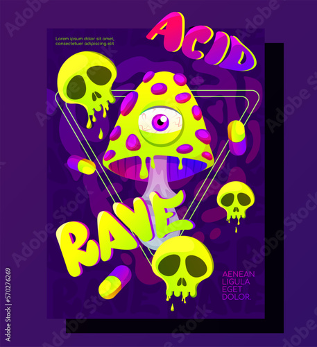 Psychedelic rave trip party banner template. Good design for textile t-shirt print design, flyer and poster. Vector cartoon hippie poster with druds