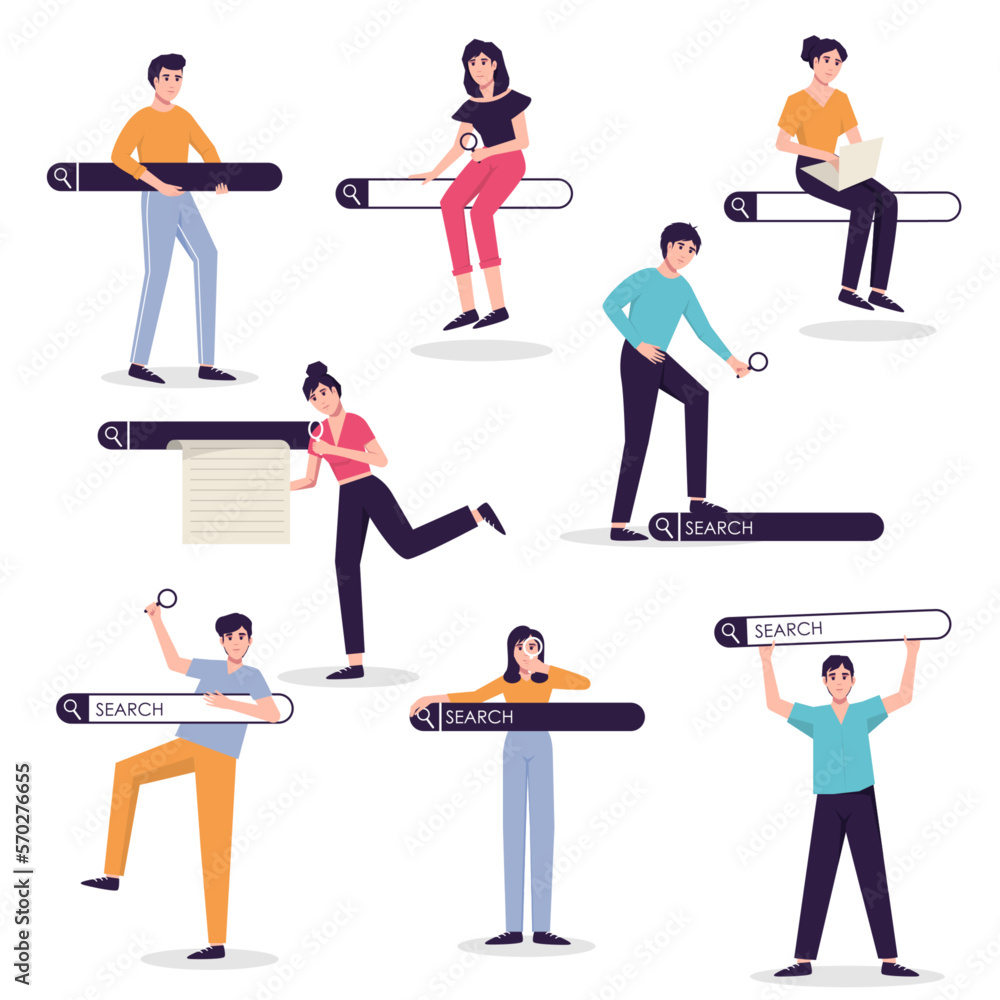 Obraz premium Search bars and people browsing online information, surfing internet. Personalised search results, SEO optimisation and search bar with finders characters vector set