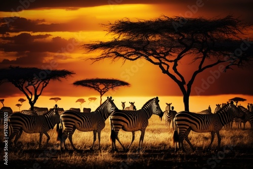 Zebras in a herd in the African savanna at dusk. Tanzania s Serengeti National Park. Africa. Generative AI