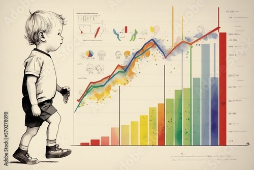 Representation of child growth and development with colorful graphs and charts showing progress, concept of Quantitative Measurement and Knowledge Acquisition, created with Generative AI technology