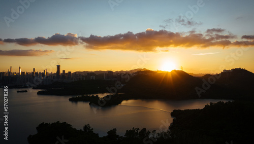 Aerial view of beautiful sunset landscape in Shenzhen city,China