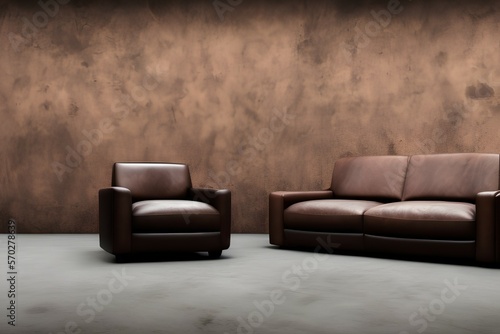 Sofa of brown leather standing in center on concrete floor against dark grey wall with copy space. Vintage brown leather sofa with grunge gray wall living room - generative ai © unalcreative