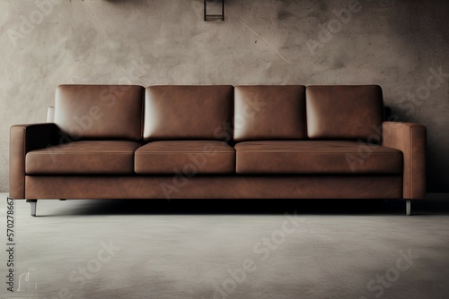 Sofa of brown leather standing in center on concrete floor against dark grey wall with copy space. Vintage brown leather sofa with grunge gray wall living room - generative ai