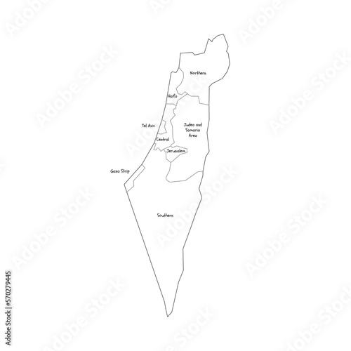 Israel political map of administrative divisions - districts, Gaza Strip and Judea and Samaria Area. Handdrawn doodle style map with black outline borders and name labels.