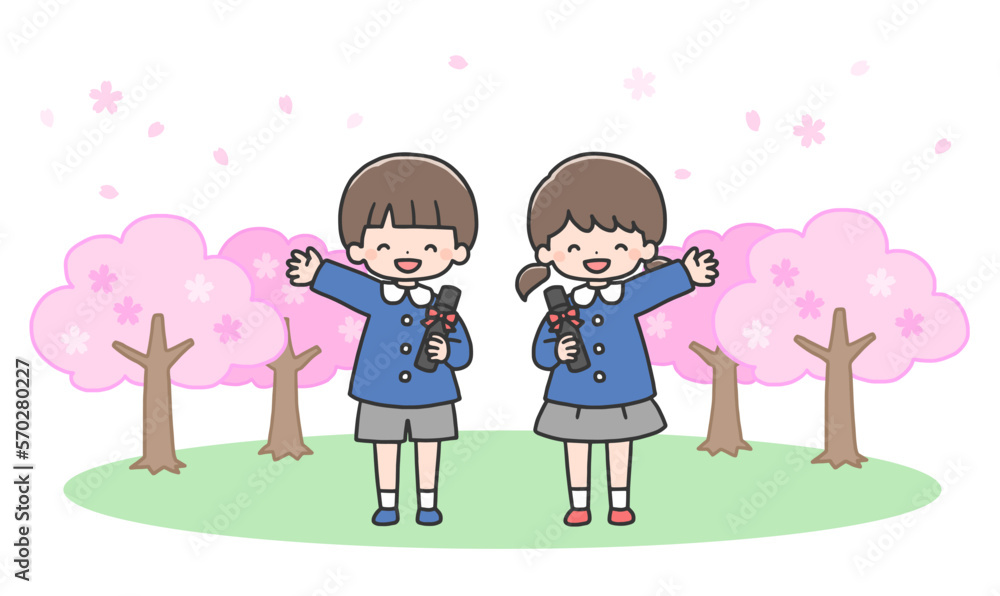 卒園式 桜の前に並んで立つ男の子と女の子 卒園式 桜の前に並んで立つ男の子と女の子