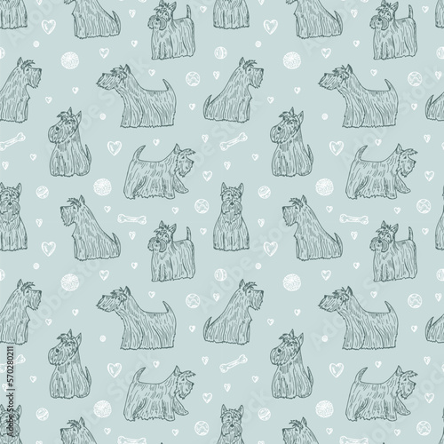 Dog Vector Seamless pattern. Hand Drawn Doodle Scottish Terriers. Pets. Dogs. Scottish Terrier