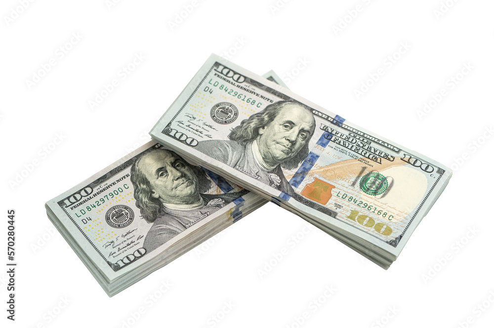two stacks of one hundred dollar bills on a white background two stacks of one hundred dollar bills on a white background