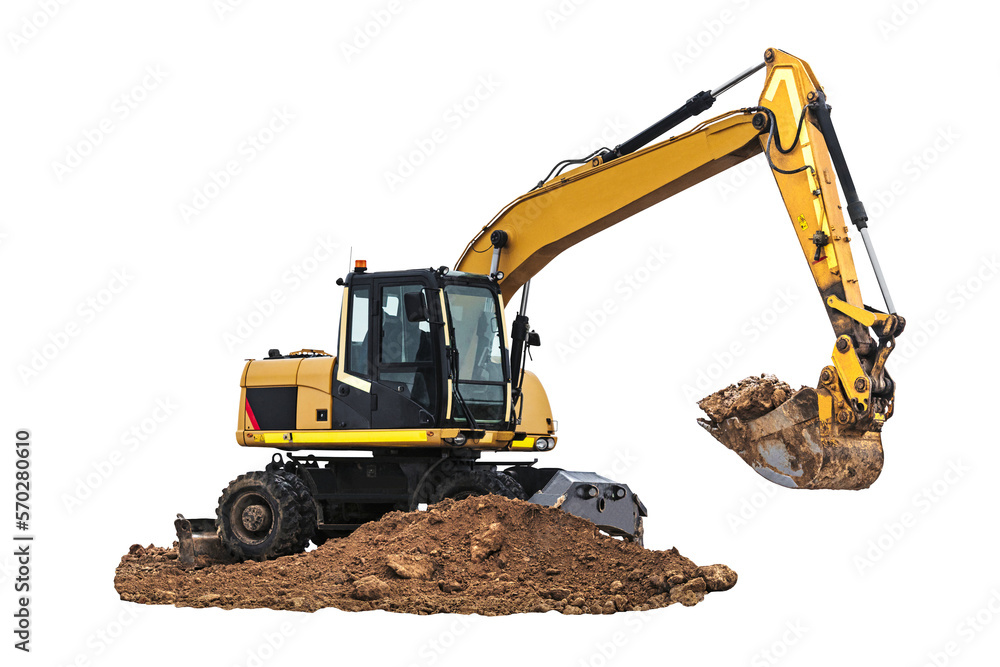 Wheeled excavator isolated on white background. Quarry excavator digs the ground close-up. Modern building equipment for earthworks. element for design. Wheeled excavator isolated on white background. Quarry excavator digs the ground close-up. Modern building equipment for earthworks. element for design.