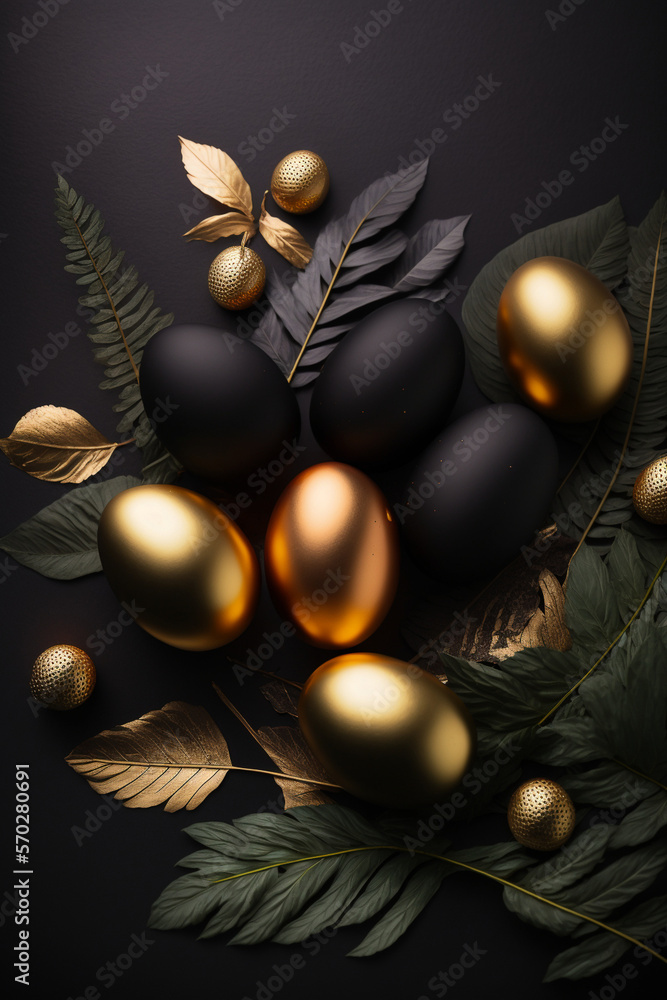 Naklejka premium Elegant stylish Easter background with gold and black decor. AI generated.