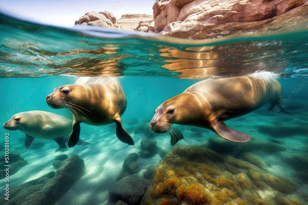 Fototapeta premium Argentina's Nuevo Gulf, home to a colony of southern sea lions, has shallow water. Generative AI