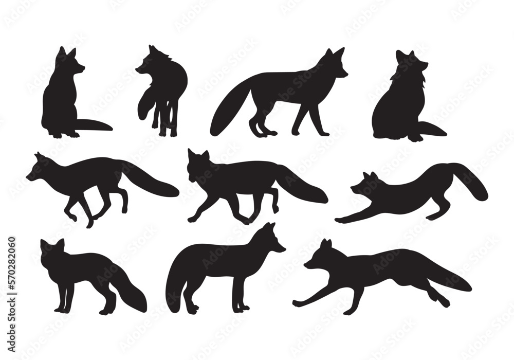Fox silhouette cutting images, set stencil templates decals for design