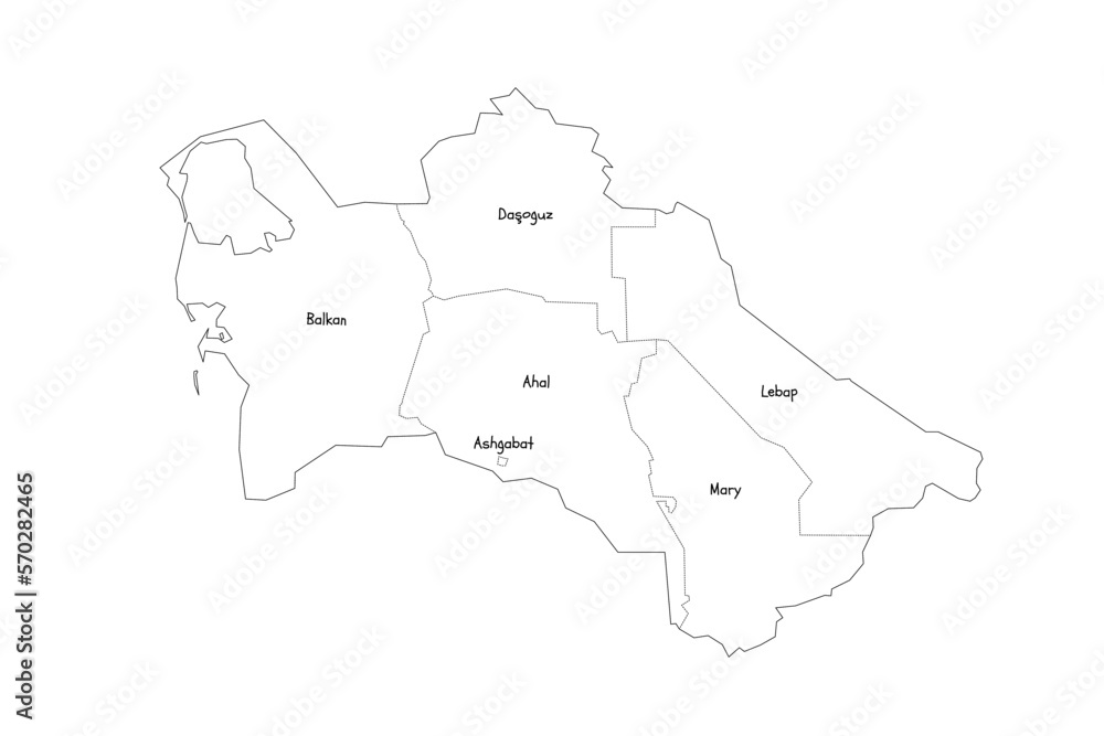 Turkmenistan political map of administrative divisions - regions and capital city district of Ashgabat. Handdrawn doodle style map with black outline borders and name labels.