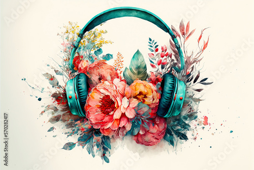 Concept watercolor illustration headphones with flowers and plants. Generative Ai