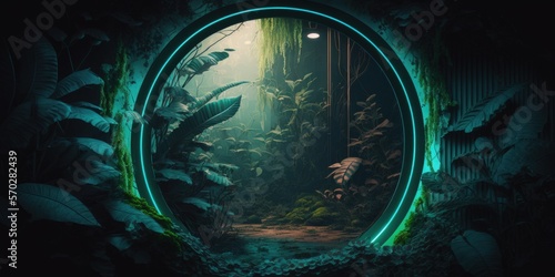 In a deep  dark jungle  there is a green neon circle. fantasy setting neon artwork notion of cyberpunk. Imaginative wallcoverings. Synthwave stylization that is photorealistic. illustration