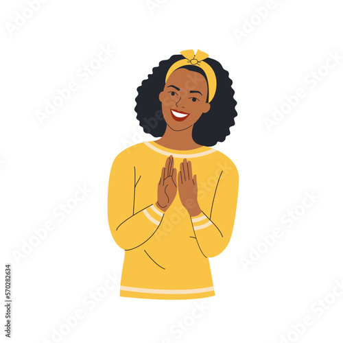Young Black woman clapping hands thanking or showing appreciation at event.  Vector cartoon flat style illustration