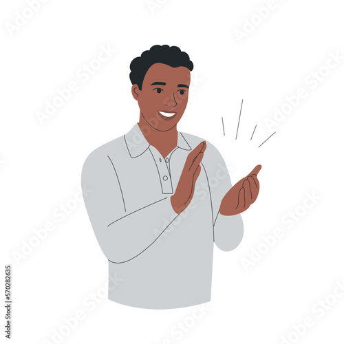 Young Black man clapping hands thanking or showing appreciation at event.  Vector cartoon flat style illustration