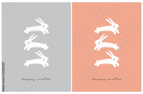 Happy Easter. Cute Easter Vector Illustrations with White Funny Bunnies isolated on a Light Gray and Coral Red Background. Easter Holidays Print with Happy Jumping Rabbits ideal for Card. 