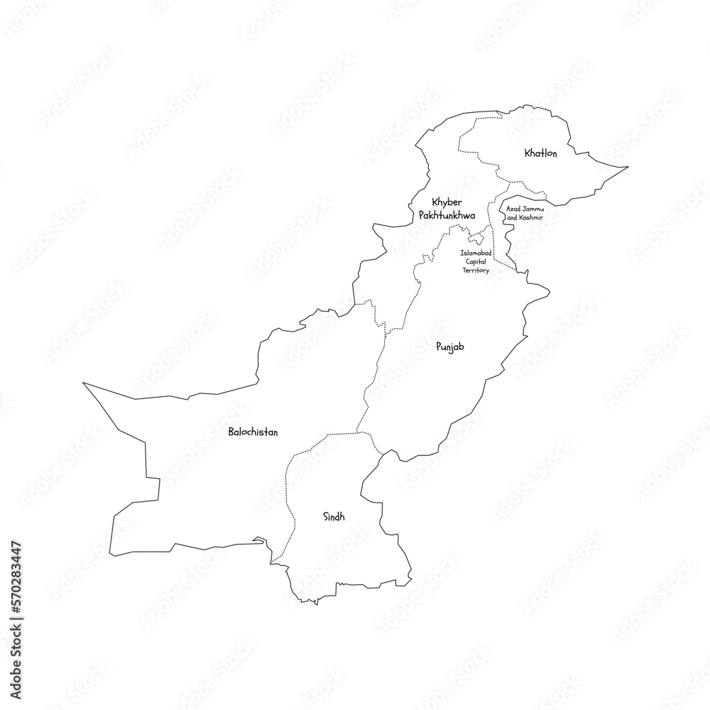 Pakistan political map of administrative divisions - provinces and autonomous territories. Handdrawn doodle style map with black outline borders and name labels. Pakistan political map of administrative divisions - provinces and autonomous territories. Handdrawn doodle style map with black outline borders and name labels.