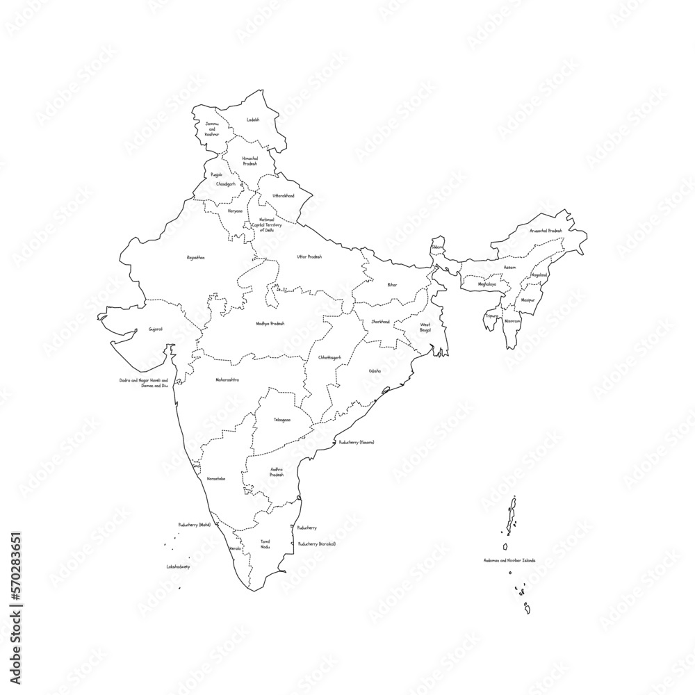 India political map of administrative divisions - states and union teritorries. Handdrawn doodle style map with black outline borders and name labels.