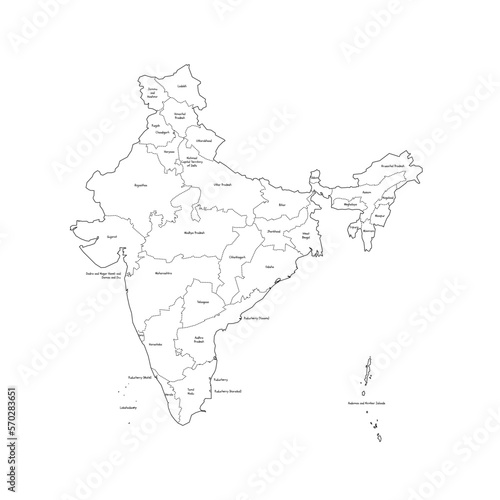 India political map of administrative divisions - states and union teritorries. Handdrawn doodle style map with black outline borders and name labels.