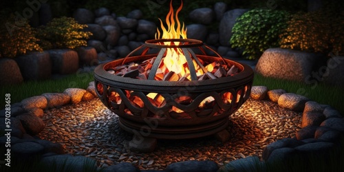 Iron fire pit and burning fire in fire place a garden . Generative AI