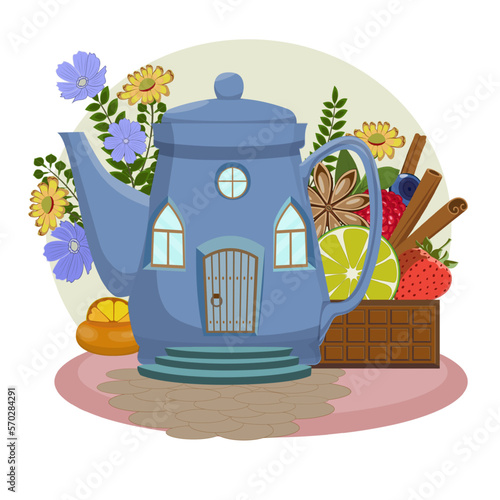 Cartoon fairytale teapot  house for little animals and fantasy inhabitants.  Vector illustration