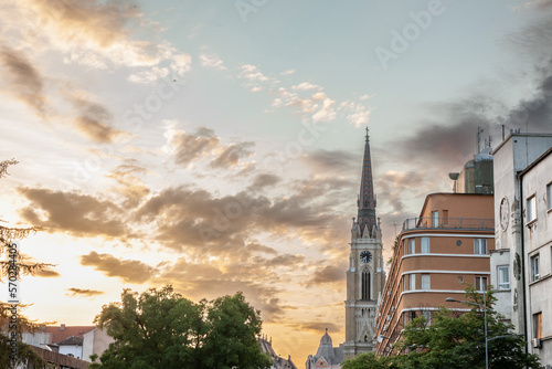 The Name of Mary Church, also known as Novi Sad catholic cathedral or crkva imena marijinog during a sunny summer sunset. This cathedral is one of the most important landmarks of Novi Sad, Serbia.. photo