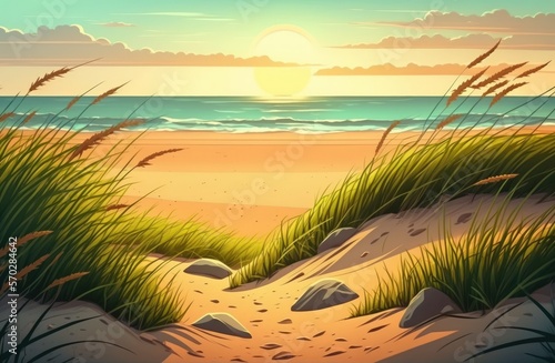 Sunset on the sand. landscape composition of the sea. Sea, green grass, and the sky. Generative AI