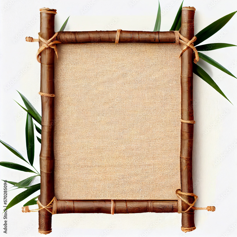 Bamboo frame with burlap canvas and ropes, blank and empty background for  home decor or craft