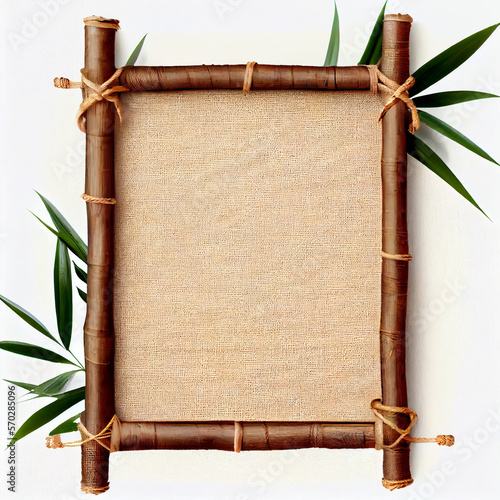 Bamboo frame with burlap canvas and ropes, blank and empty background for home decor or craft design. Natural texture of wooden plant sticks and bamboo border adds a touch of rustic or jungle style © Ekaterina