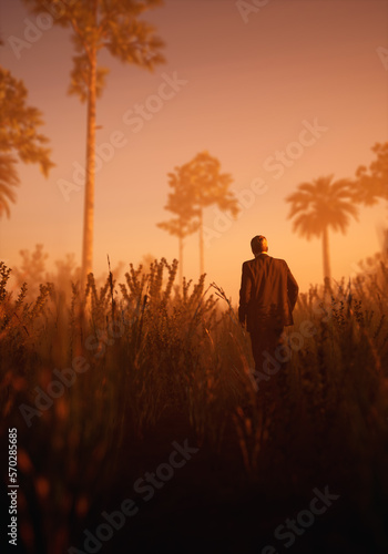 Silhouette of man in hazy tropical wilderness with palm trees during sunset. 3D render.
