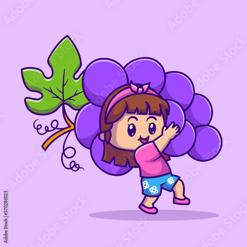 Cute Girl Holding Grape Cartoon Vector Icon Illustration. People Fruit Icon Concept Isolated Premium Vector. Flat Cartoon Style