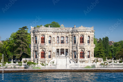 Kucuksu Kasri pavilion on the Bosphorus strait in summer. Kucuksu kasri, or Goksu pavilion, is a 19th century ottoman palace and a major landmark of Istanbul. photo
