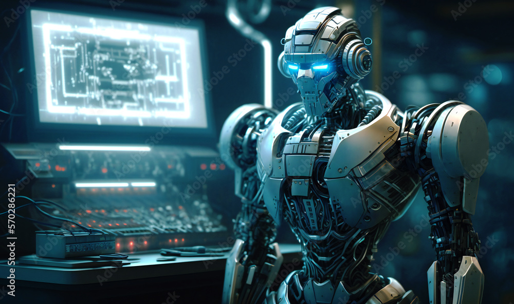 Fototapeta premium A hacker robot attempting to breach a computer system or network